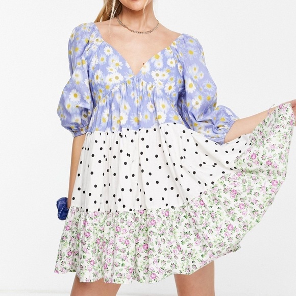 ASOS Mixed Print Tiered Mini Dress Size 6 - Picture 1 of 9